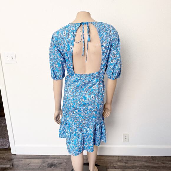 [Topshop] Blue Ditsy Floral Open Back Ruffle Hem Poplin Mini Shift Dress Size 10 - Picture 4 of 12